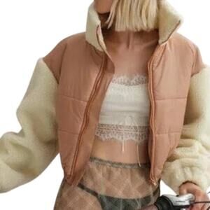 For Love & Lemons Niko Puffer Jacket Cropped Shearling Trim Size M NWOT Latte